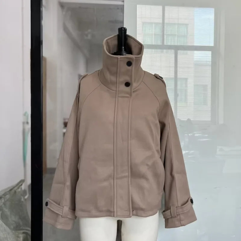 Women's Short Coat – Stand Collar, Full Sleeve, Zipper