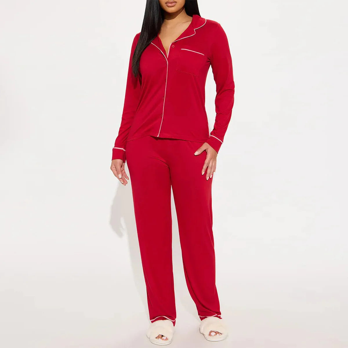 Ensemble pyjama deux pièces pour femme avec col rabattu, manches longues, pantalon large, taille élastique à lacets, style streetwear Y2k 2026