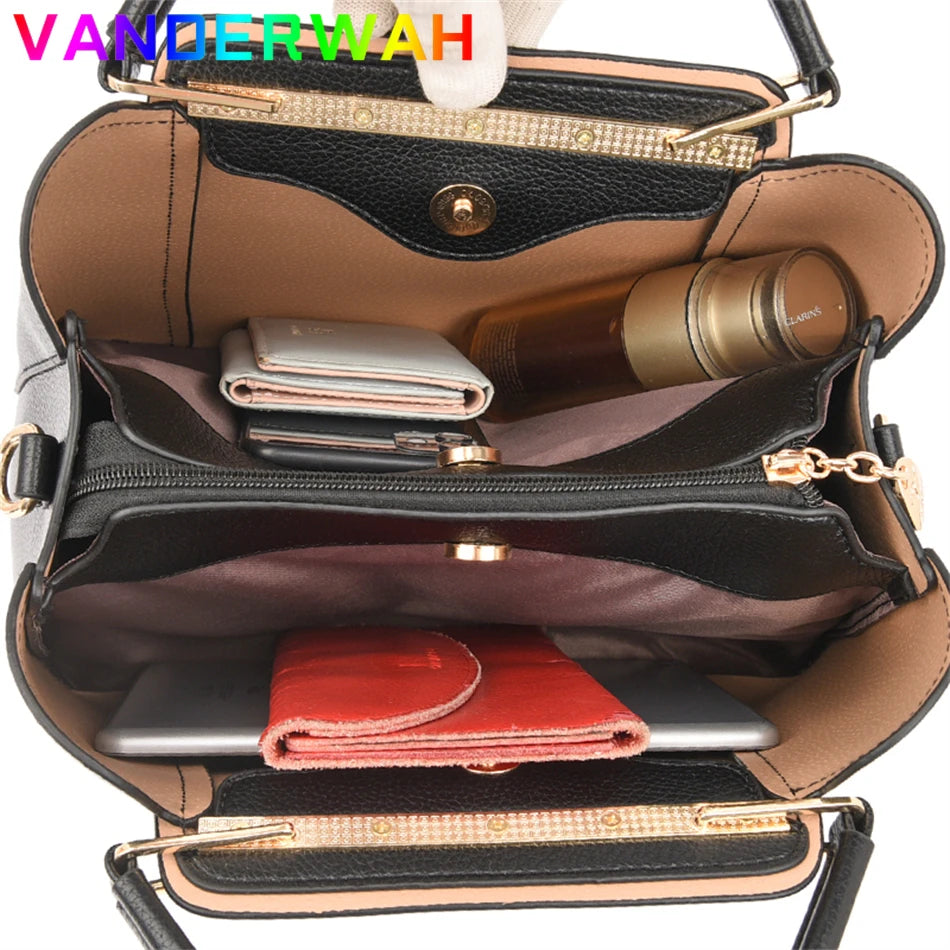 Women's Split Leather 3-Layer Tote Shoulder Crossbody Handbag