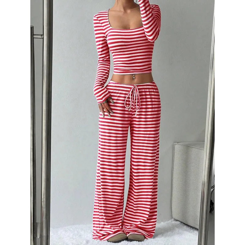 Ensemble deux pièces pour femme à rayures, pantalon large taille haute, haut à manches longues, mode moulante