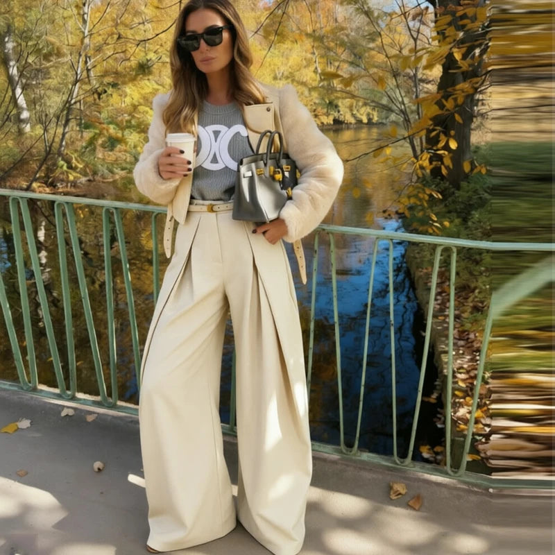 Women's High-Waist Pleated Wide-Leg Pants