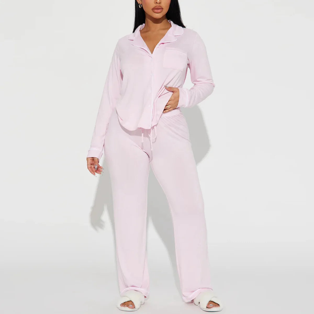 Ensemble pyjama deux pièces pour femme avec col rabattu, manches longues, pantalon large, taille élastique à lacets, style streetwear Y2k 2026