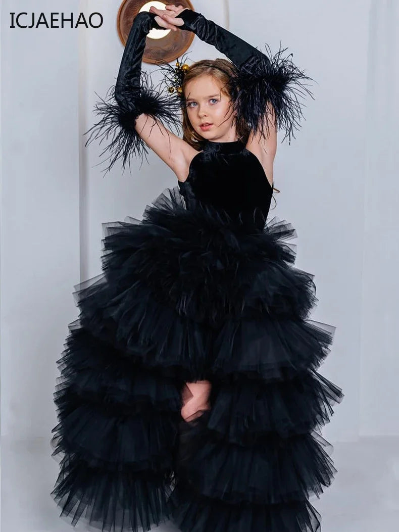 Schwarzes Tüll-Prinzessinnenkleid mit Neckholder für Mädchen – mehrlagig