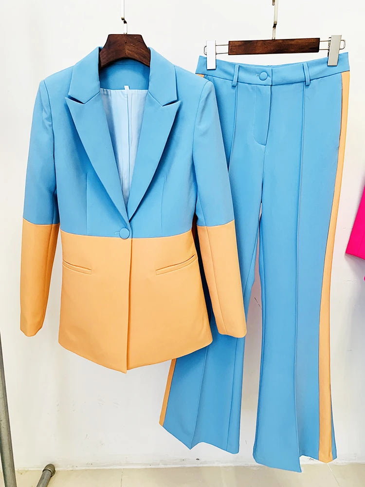Women's Color Block Blazer and Flare Pant Suit Set