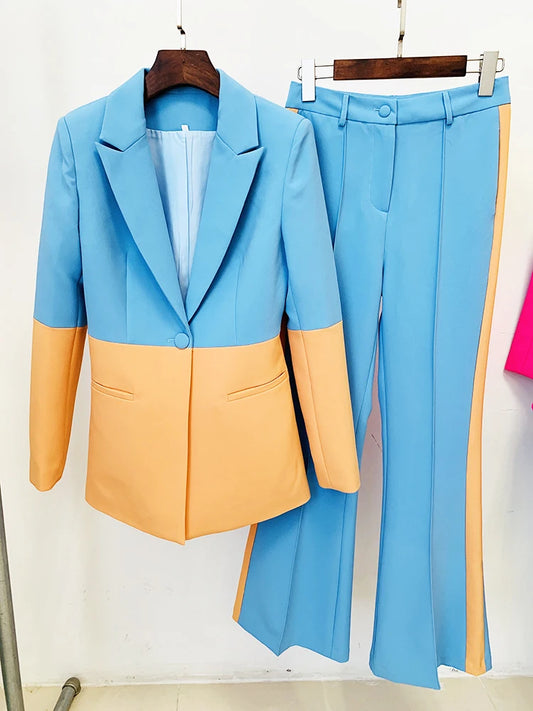 Women's Color Block Blazer and Flare Pant Suit Set