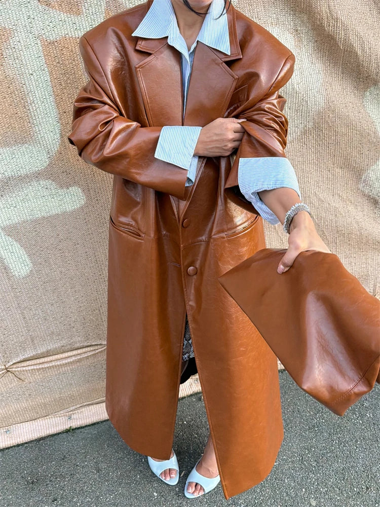 Women's Brown Croc-Embossed Faux Leather Trench Coat