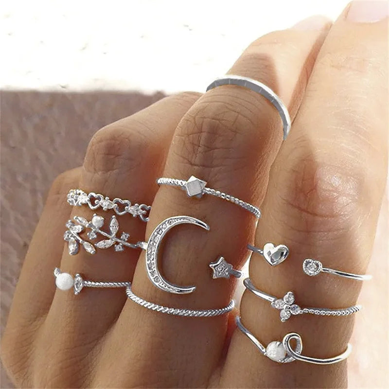 Silver Crystal Rings Set