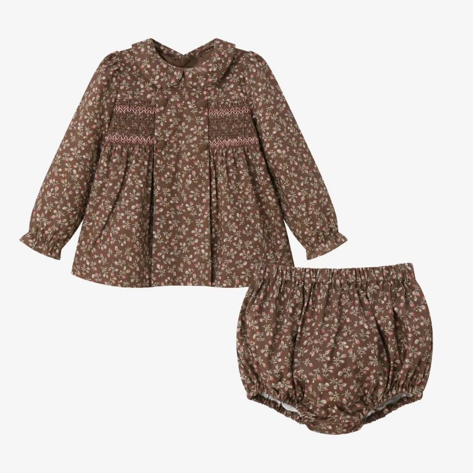 Girls' Brown Floral Smocked Dress – Cotton