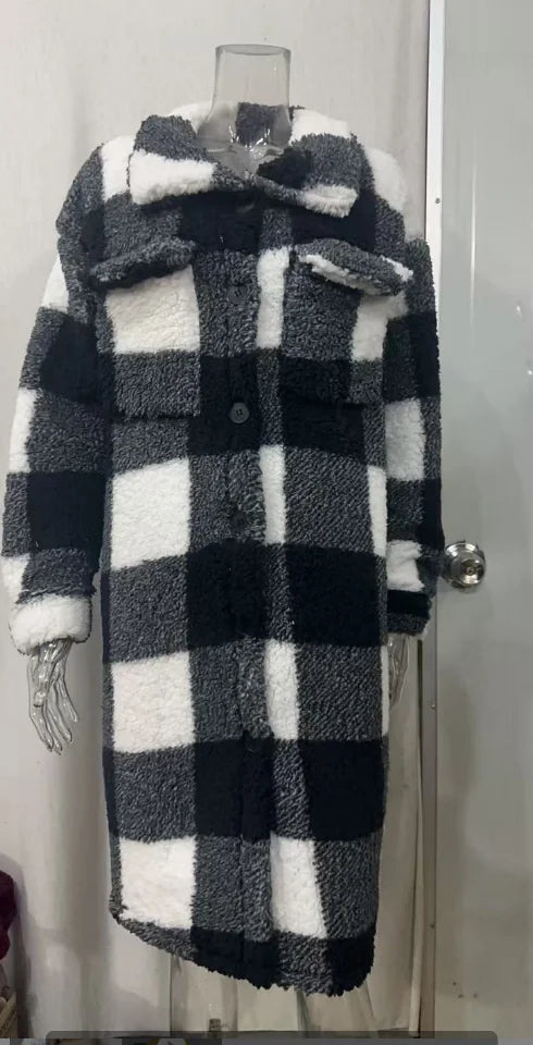 Women's Plaid Fleece Coat – Turn-Down Collar, Button Front
