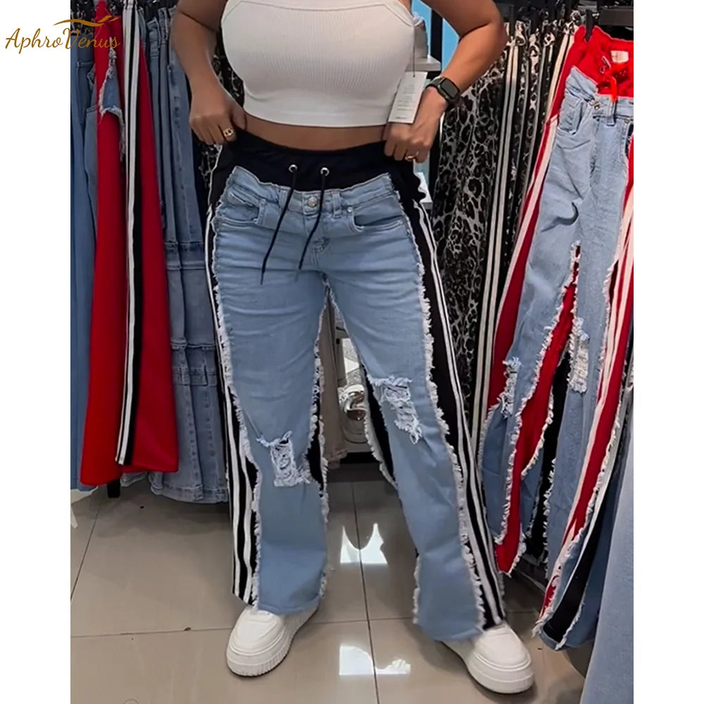Damen-Jeans mit hoher Taille und Rissen – Colorblock-Patchwork, weites Bein