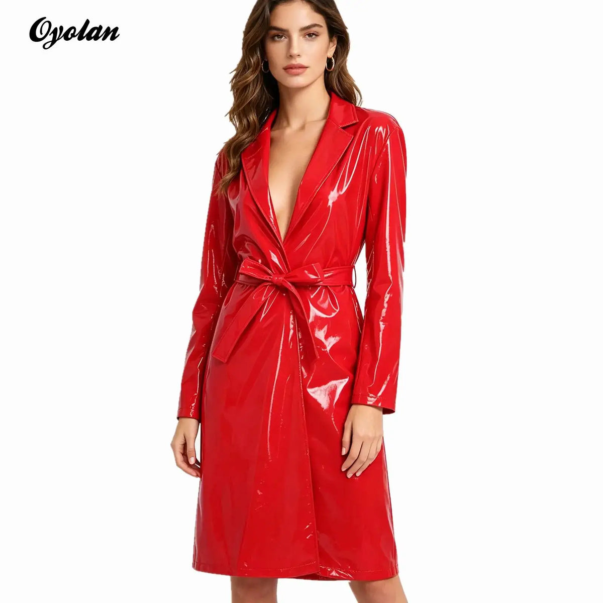 Women's PU Leather Trench Coat – Open Front, Lapel