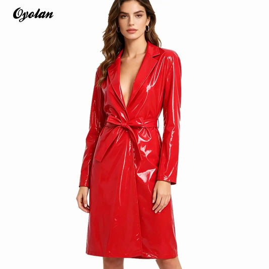 Women's PU Leather Trench Coat – Open Front, Lapel