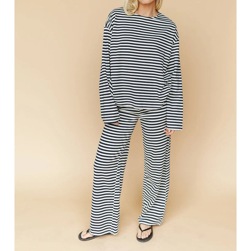 Ensemble de pyjama 2 pièces pour femme Combhasaki, composé d'un haut à manches longues rayé et d'un pantalon large, tenue de détente et de nuit