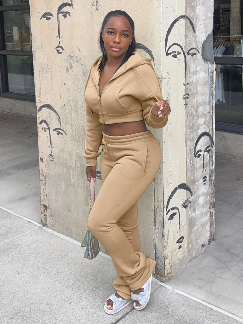 Ensemble streetwear 2 pièces pour femme, tenue d'hiver, sweat-shirt court à capuche zippé + pantalon, survêtement en polaire pour femme