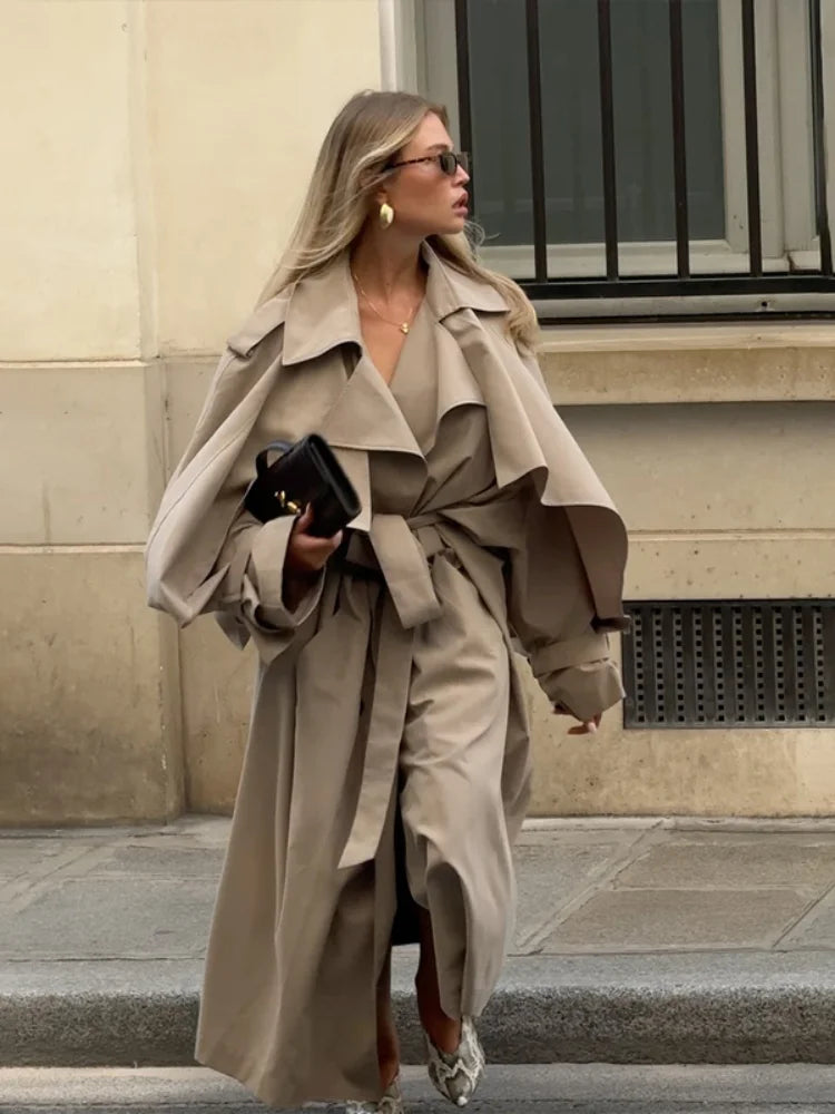 Women's Color-Block Long Trench Coat – Turn-Down Collar, Single-Breasted