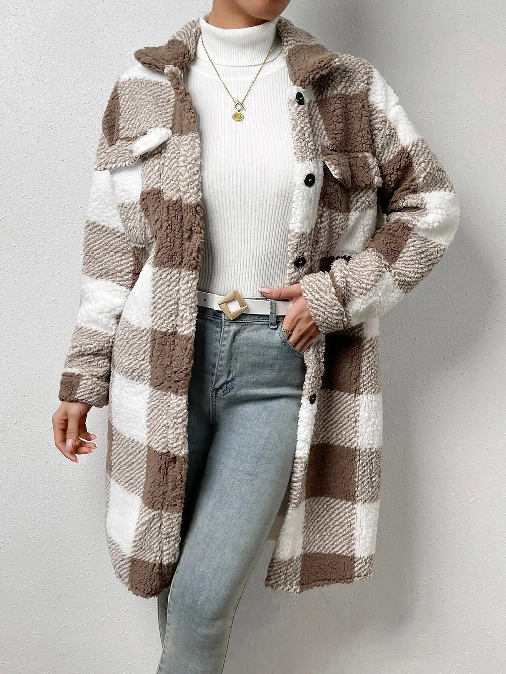 Women's Plaid Fleece Coat – Turn-Down Collar, Button Front