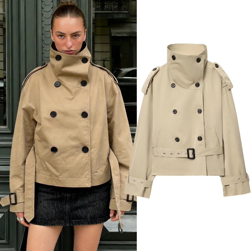 Women's Khaki Short Trench Coat – Stand Collar, Double-Breasted