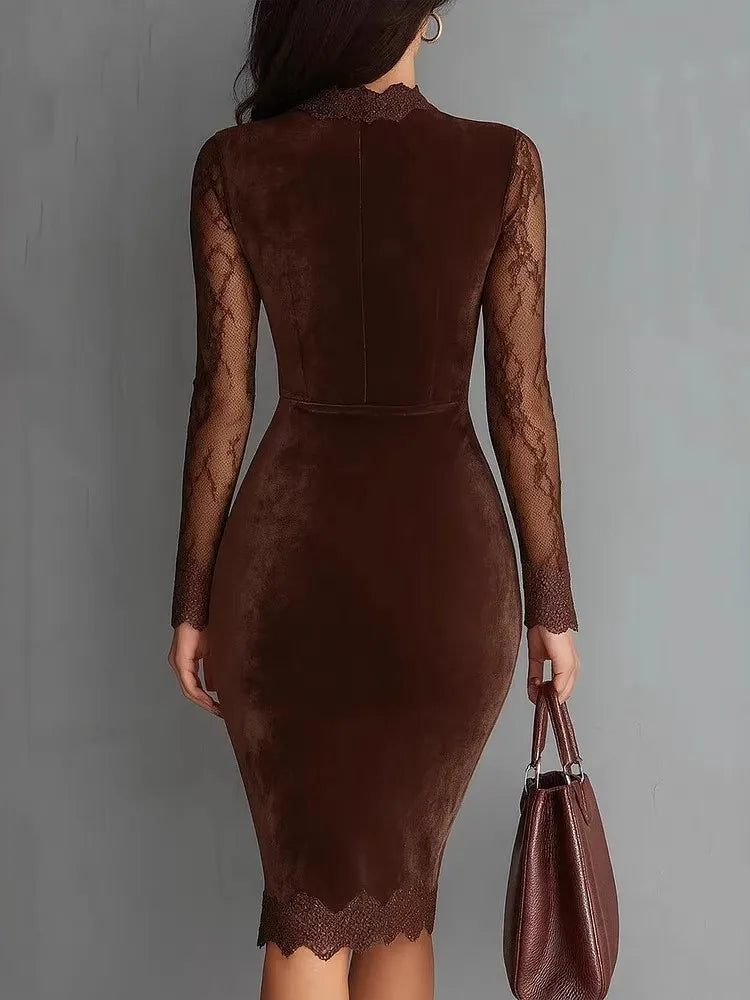 Abito midi in velluto da donna, elegante vestito a tubino con maniche lunghe in pizzo, traforato, ideale per feste, serate e occasioni formali, novità autunno-inverno