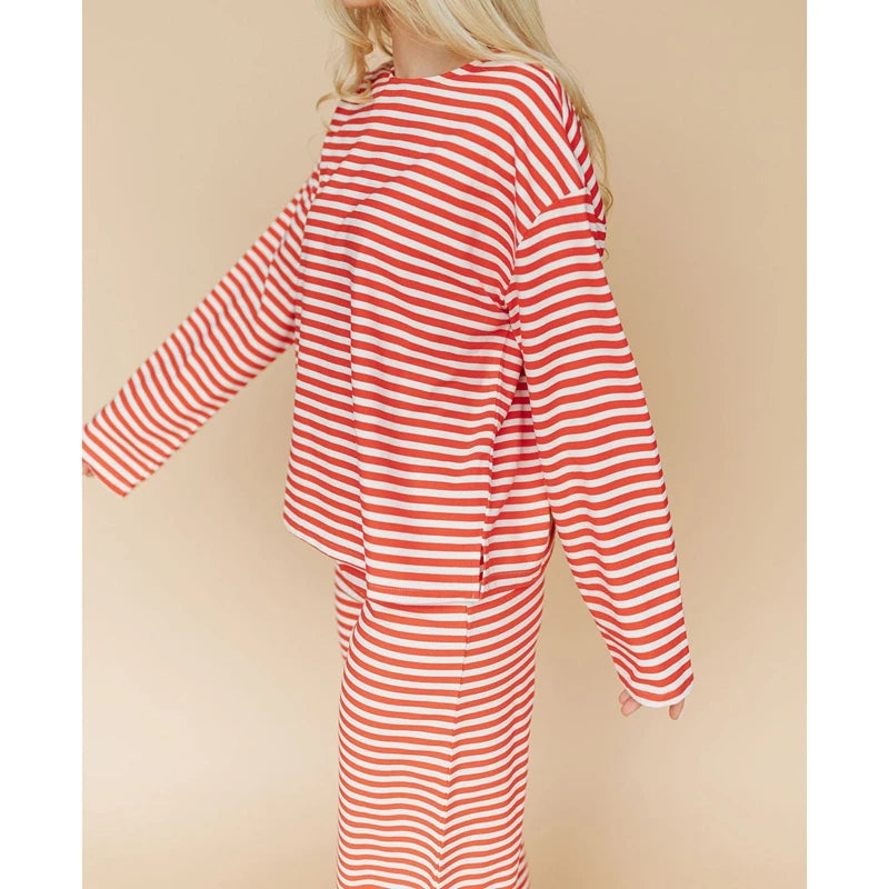 Ensemble de pyjama 2 pièces pour femme Combhasaki, composé d'un haut à manches longues rayé et d'un pantalon large, tenue de détente et de nuit