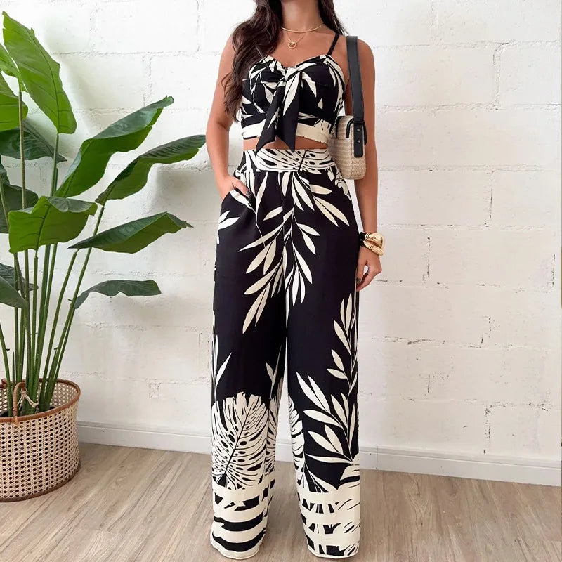 Completo estivo da donna: canotta stampata sexy e pantaloni a gamba larga, coordinato primavera-estate