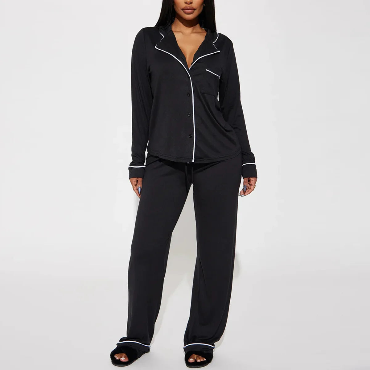 Ensemble pyjama deux pièces pour femme avec col rabattu, manches longues, pantalon large, taille élastique à lacets, style streetwear Y2k 2026