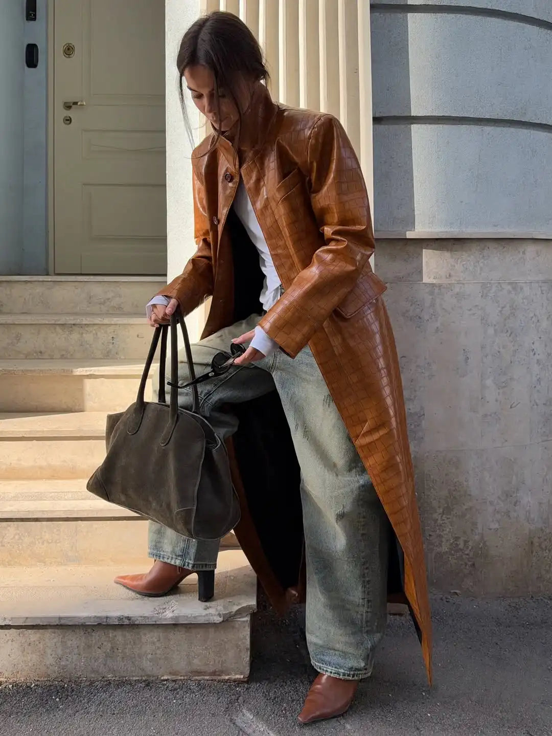 Women's Croc-Embossed Faux Leather Trench Coat – Long, Single-Breasted