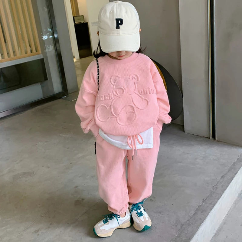 Girls' Bear Print Sweatshirt & Pants Set – Long Sleeve