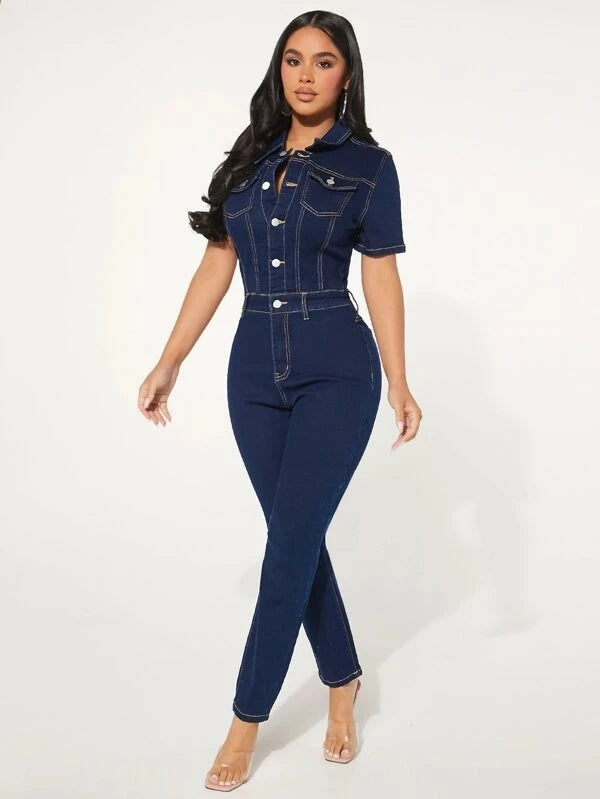Tuta jumpsuit sexy elasticizzata in jeans da donna, con colletto a revers, elegante tuta intera in denim casual per feste