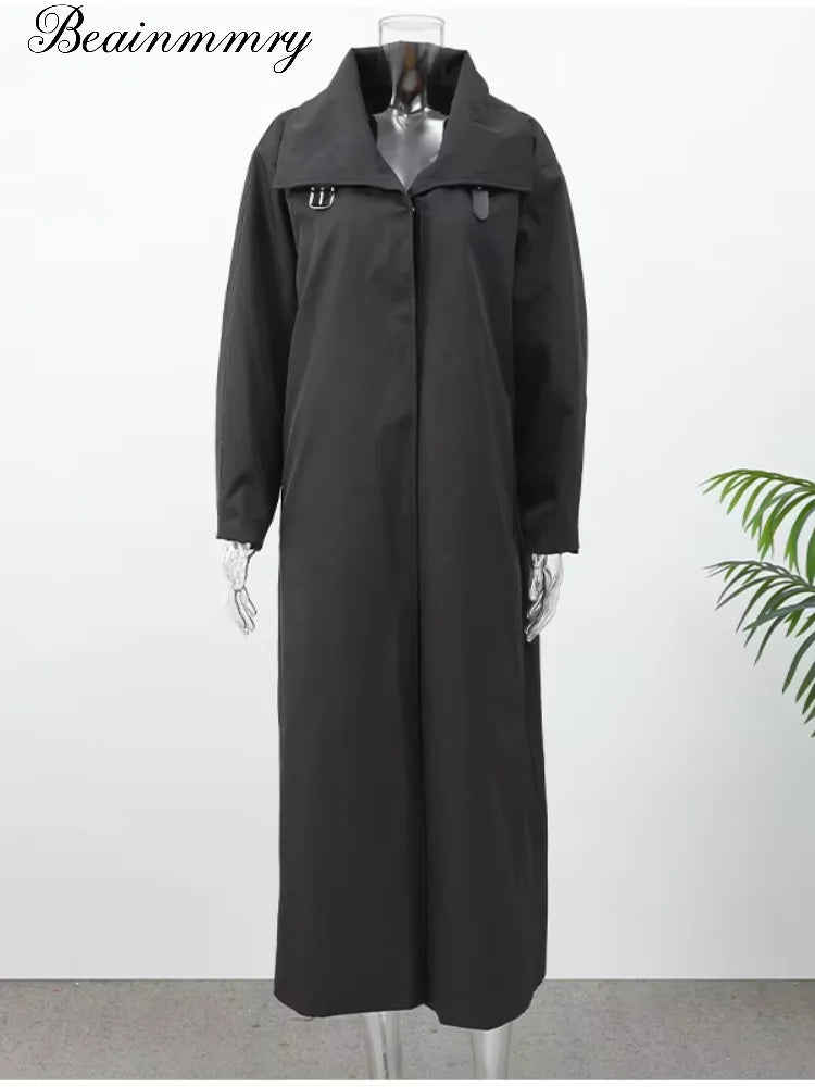 Women's Black Long Trench Coat – Stand Collar, Single-Breasted