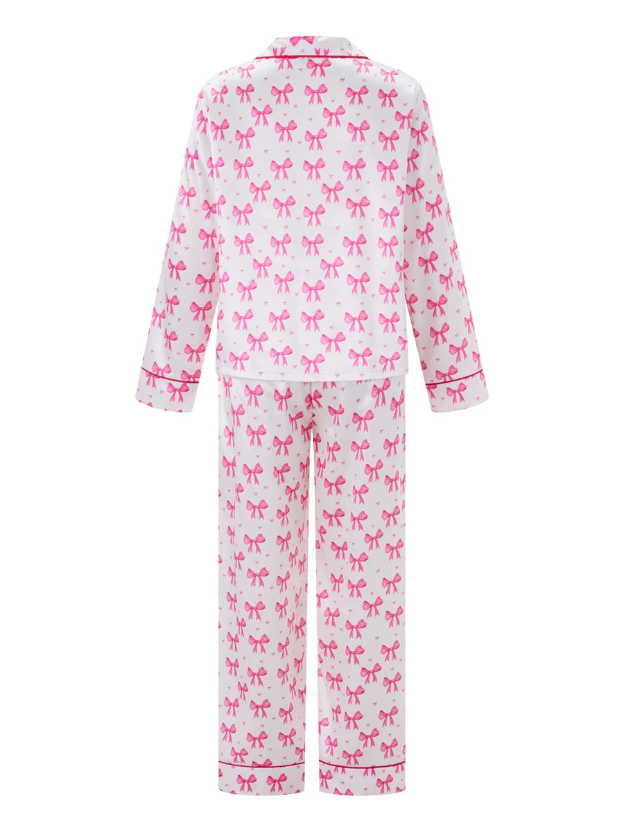 Ensemble de pyjama Y2K à nœuds pour femmes, satin de soie rose, mignon pyjama long boutonné, ensemble haut et pantalon de détente, tenue pour la Saint-Valentin