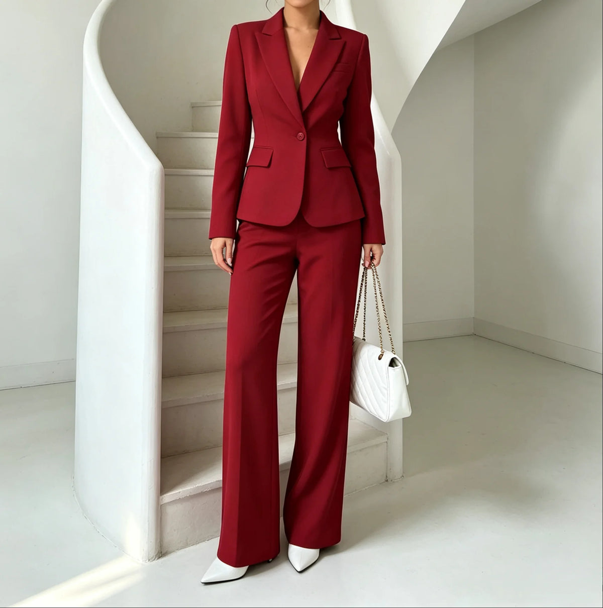 Ensemble tailleur 2 pièces pour femme avec blazer à revers cranté à un bouton et pantalon large taille haute, tenue assortie formelle pour le bureau ou les soirées