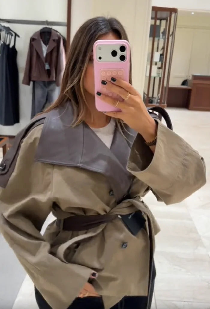 Women's Cropped Trench Coat – Faux Leather, Belted Waist