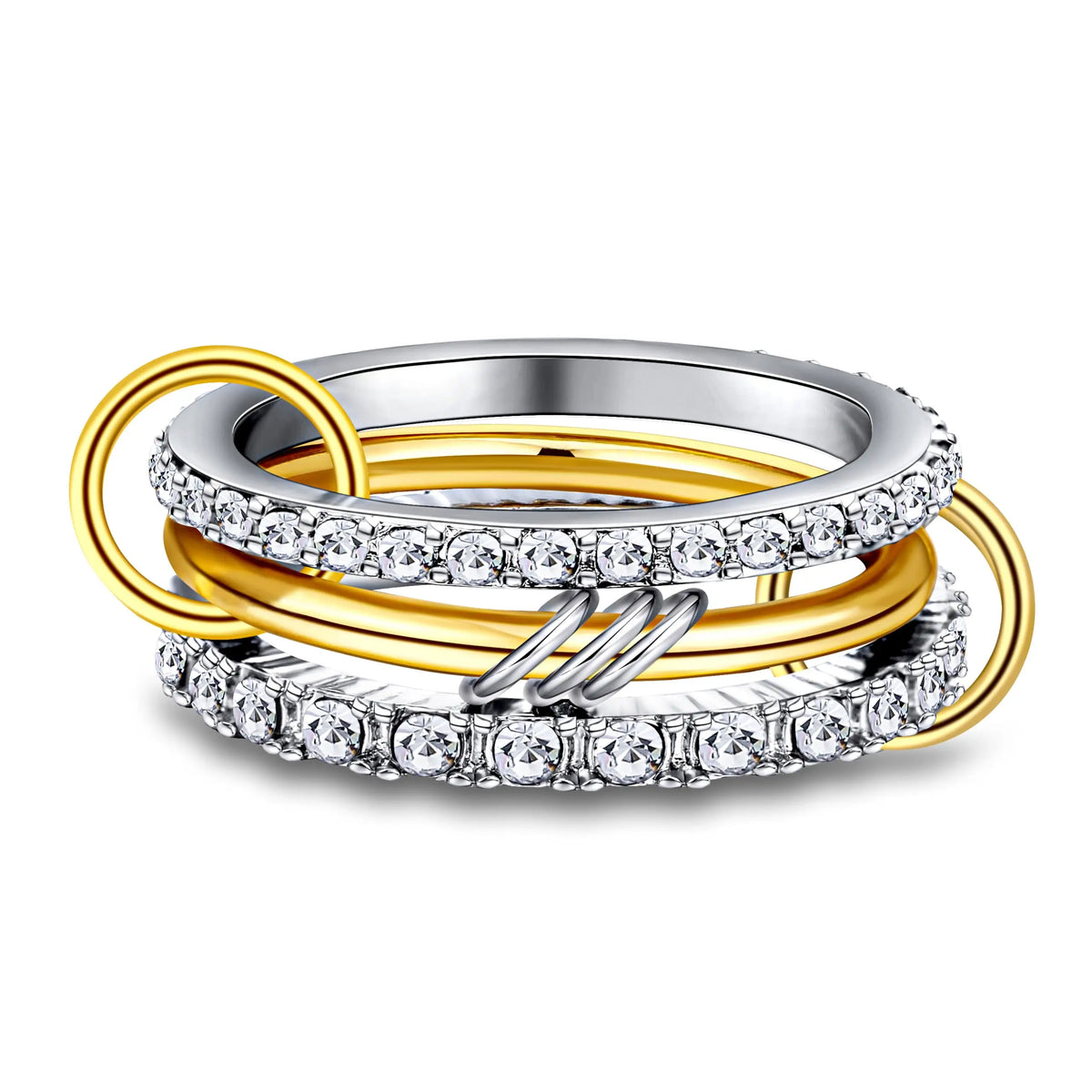 Anelli alla moda in oro e argento, placcati in oro 18k, set da 4 pezzi impilabili con zirconi scintillanti, ideali come gioielli da festa per donna