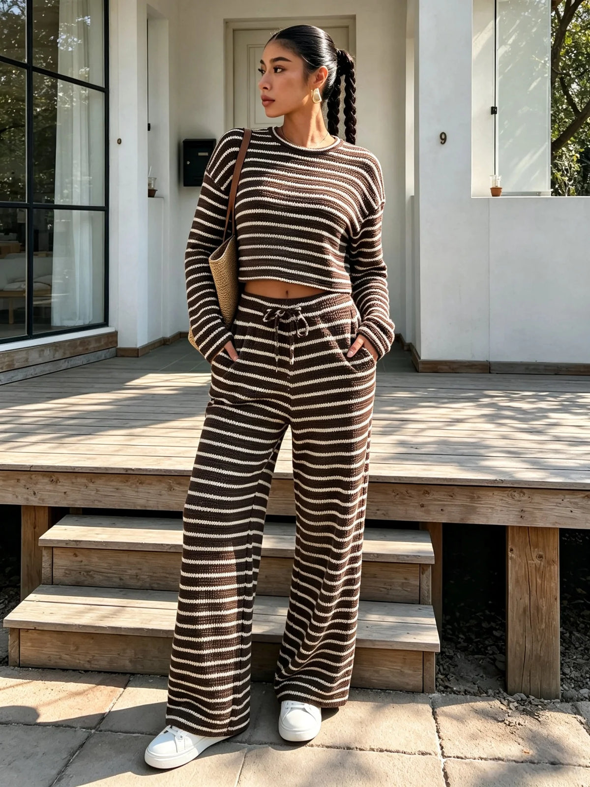 Damen Herbst Winter Braun Weiß Gestreiftes Strick-Oberteil & Weite Hose 2-teiliger Freizeit-Trainingsanzug Loungewear