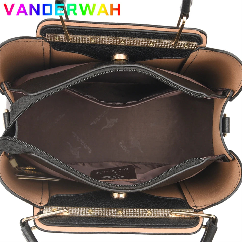 Women's Split Leather 3-Layer Tote Shoulder Crossbody Handbag