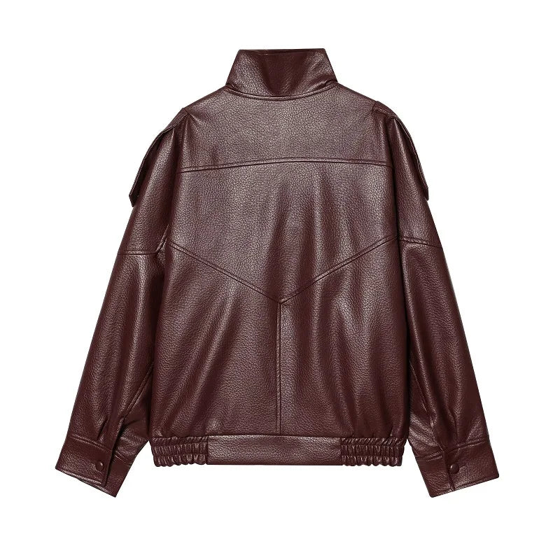 Women's Faux Leather Bomber Jacket – Zipper, Turn-Down Collar