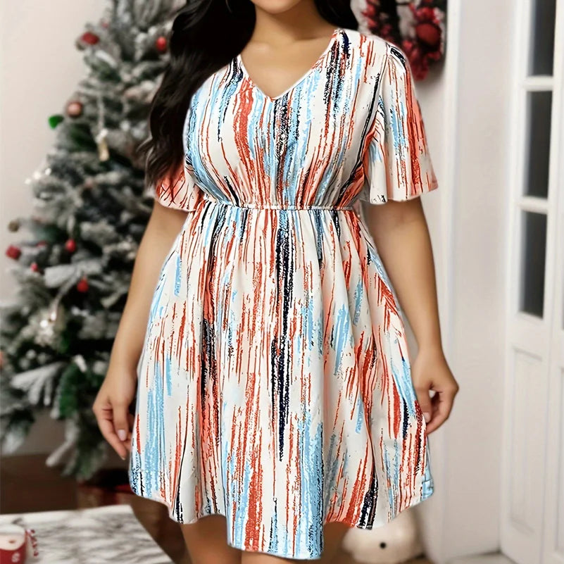 Women's Plus Size Striped Dress – V-Neck, Short Sleeve, Elastic Waist
