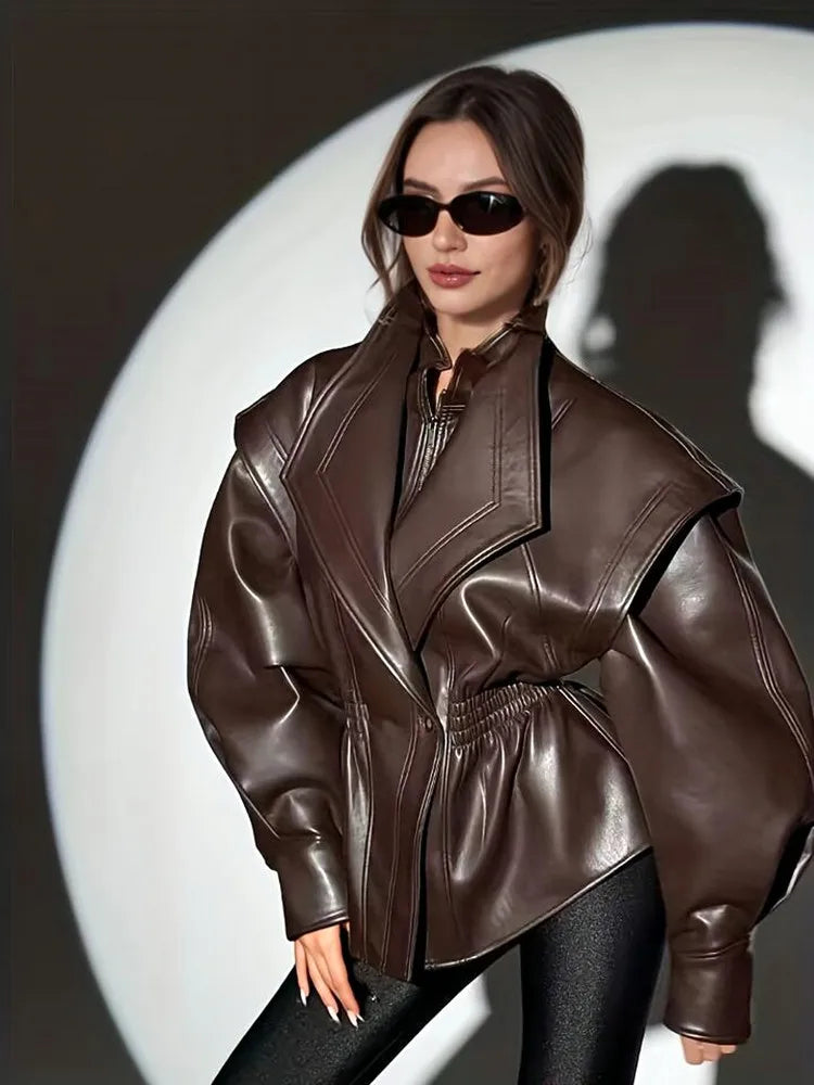 Women's Brown PU Leather Jacket – Zipper, Lapel