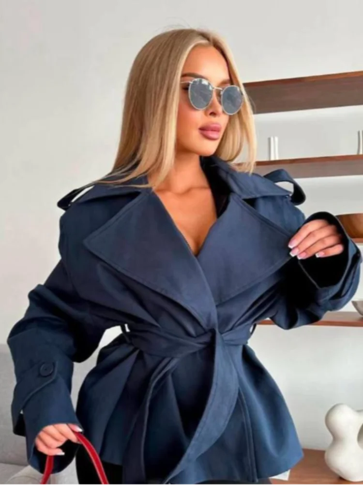 Women's Lace-Up Short Trench Coat – Button, Loose Fit