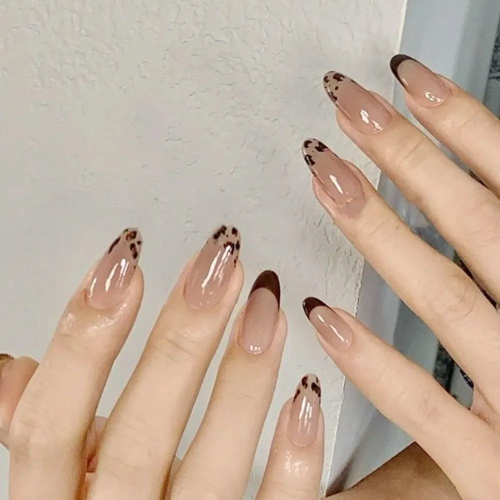 Autocollants pour ongles à motif léopard marron, noir et rose, faciles à appliquer, auto-adhésifs, coloris caramel