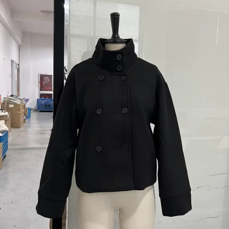 Women's Short Coat – Stand Collar, Full Sleeve, Zipper