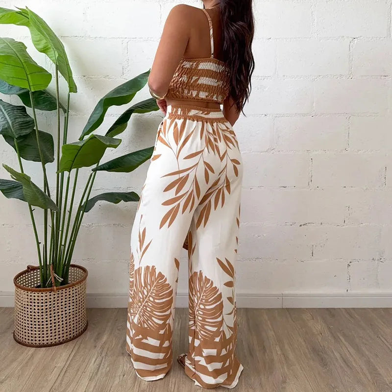 Completo estivo da donna: canotta stampata sexy e pantaloni a gamba larga, coordinato primavera-estate