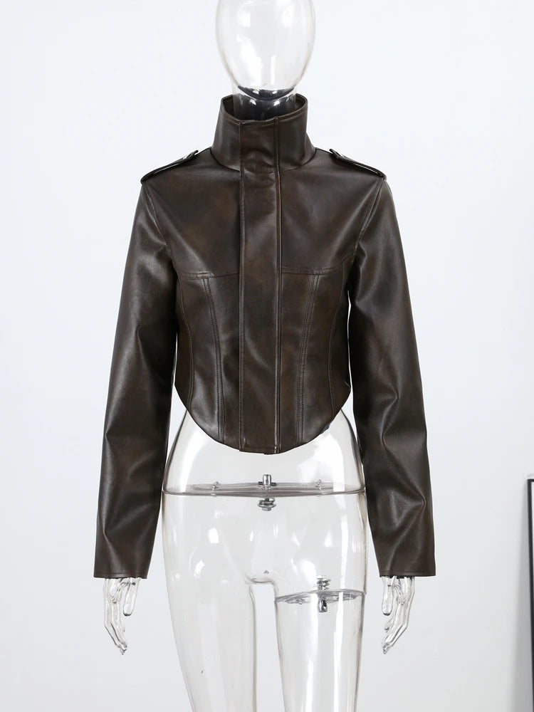 Women's Faux Leather Cropped Jacket – Lapel, Zipper