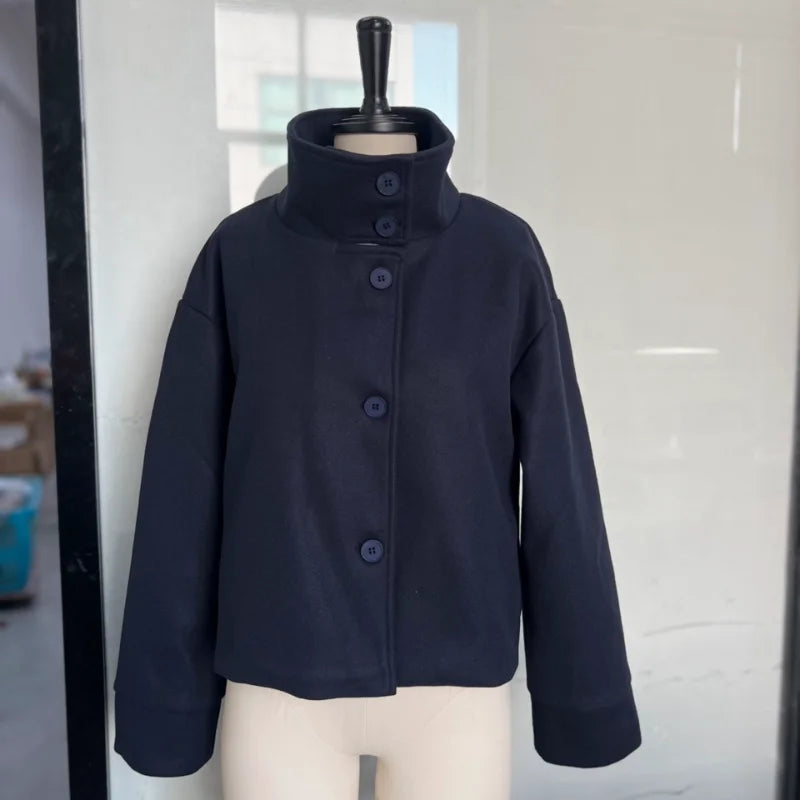 Women's Short Coat – Stand Collar, Full Sleeve, Zipper