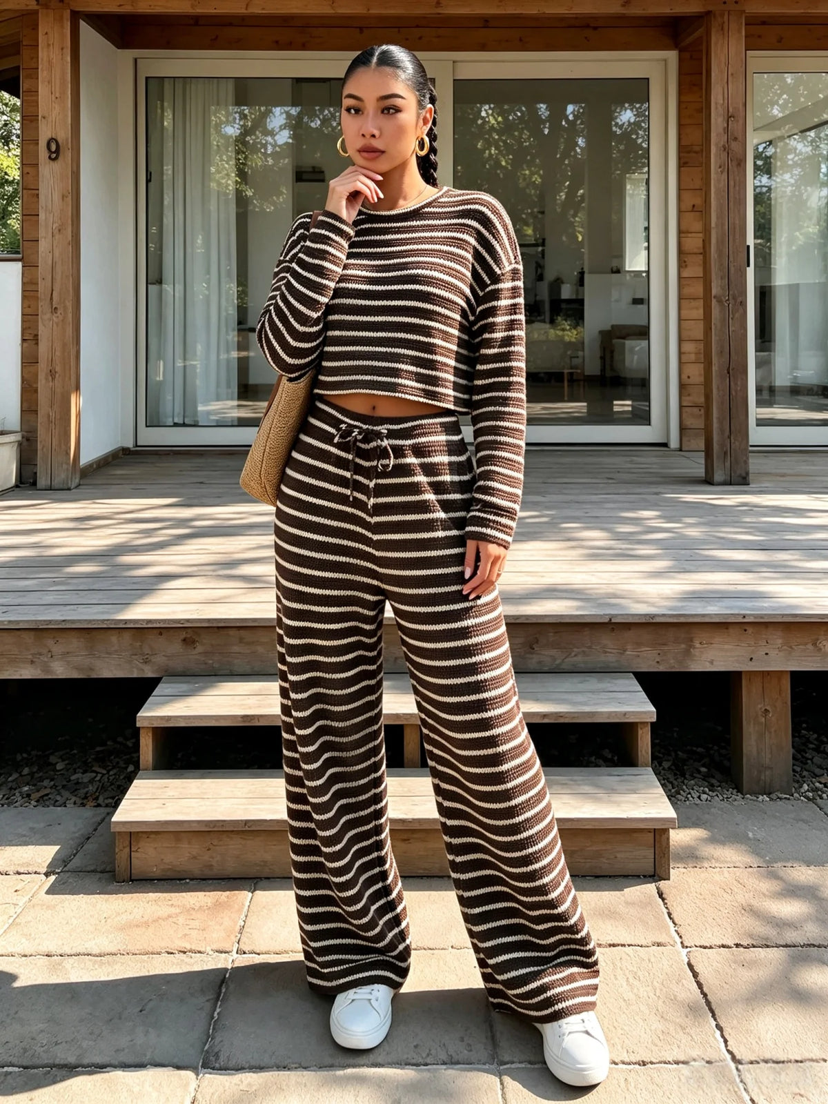 Damen Herbst Winter Braun Weiß Gestreiftes Strick-Oberteil & Weite Hose 2-teiliger Freizeit-Trainingsanzug Loungewear