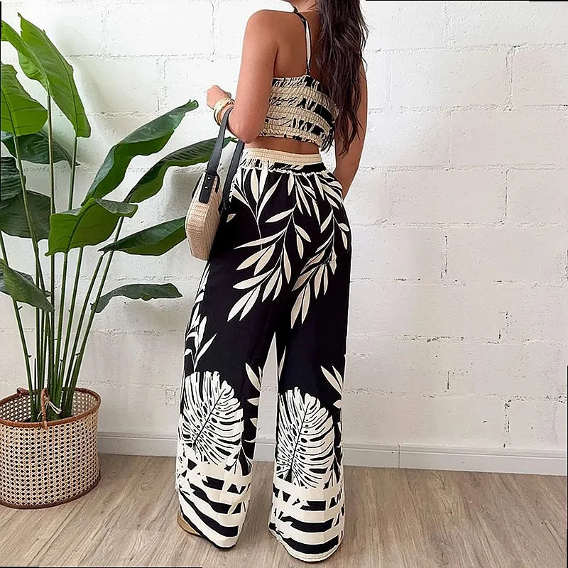 Completo estivo da donna: canotta stampata sexy e pantaloni a gamba larga, coordinato primavera-estate