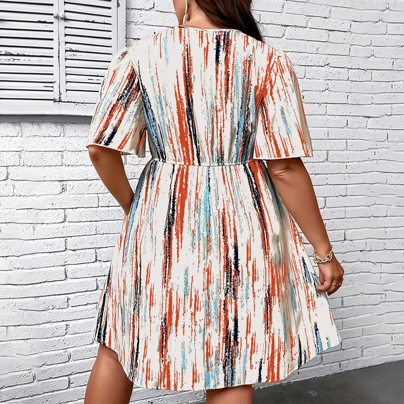 Women's Plus Size Striped Dress – V-Neck, Short Sleeve, Elastic Waist