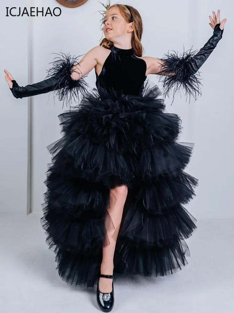 Schwarzes Tüll-Prinzessinnenkleid mit Neckholder für Mädchen – mehrlagig