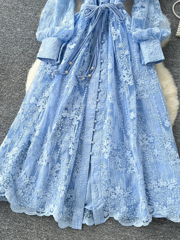 Women's Lace Embroidery Dress – V-Neck, Lantern Sleeve