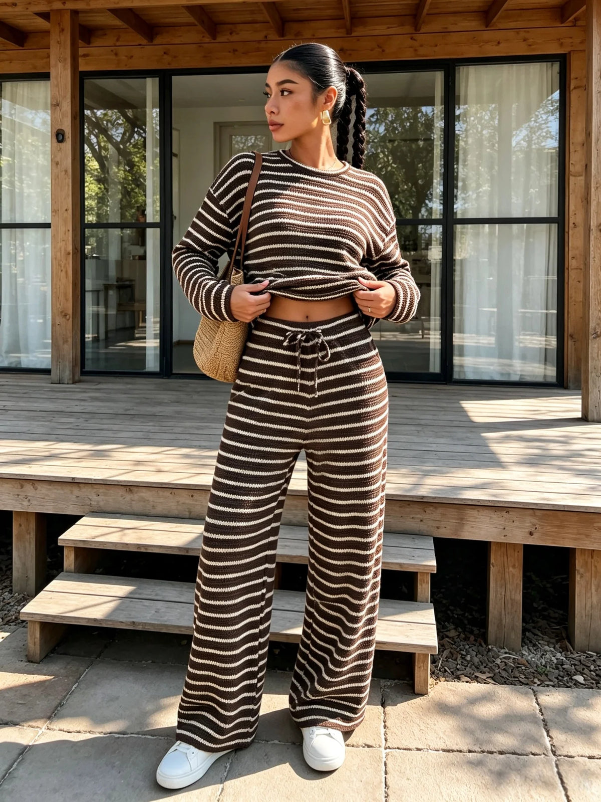 Damen Herbst Winter Braun Weiß Gestreiftes Strick-Oberteil & Weite Hose 2-teiliger Freizeit-Trainingsanzug Loungewear